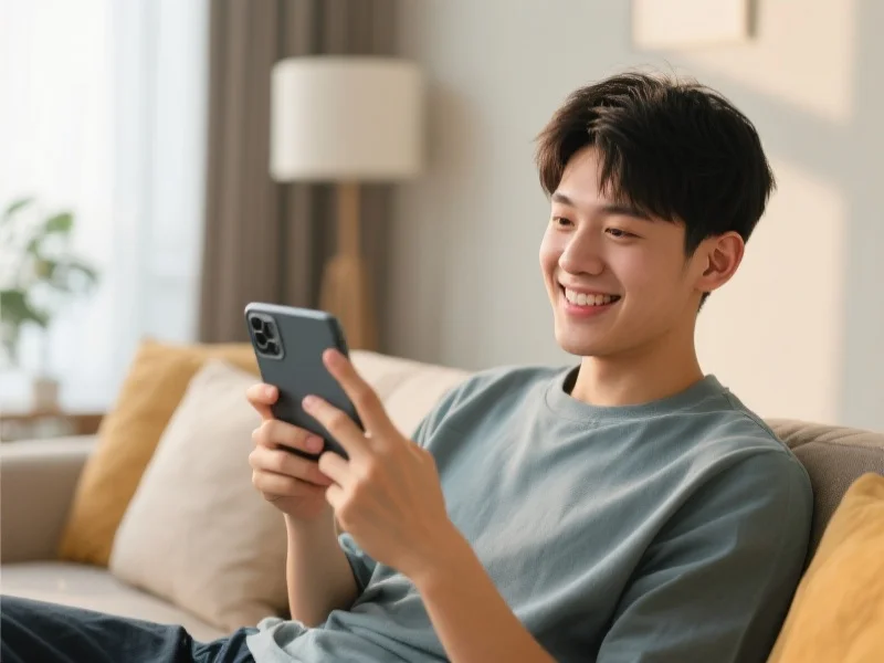 一位年轻用户在舒适的室内环境中使用智能设备浏览娱乐平台，面带微笑，显示满意体验